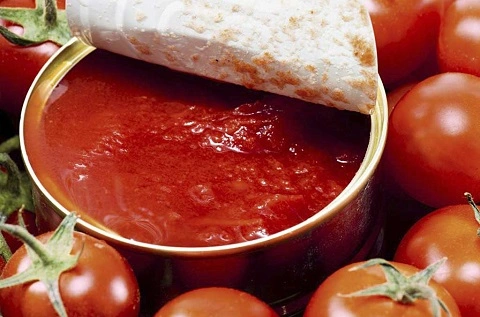 Kauf von 400 g Tomatenmark in Dosen an der Fabriktür