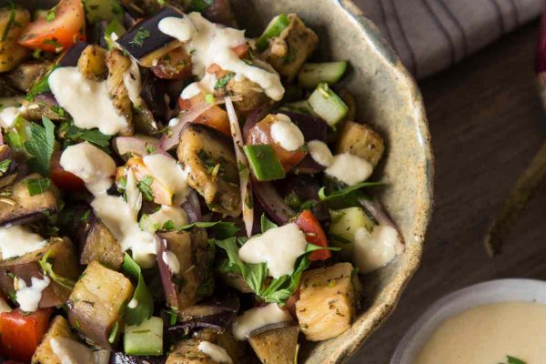 Grilled eggplant and zucchini salad with salsa verde