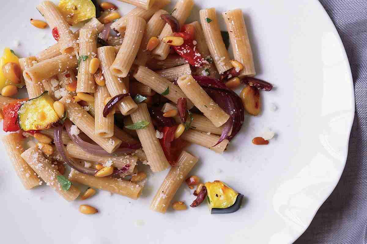 Candele pasta with roasted Eggplant, Bell Pepper &olives