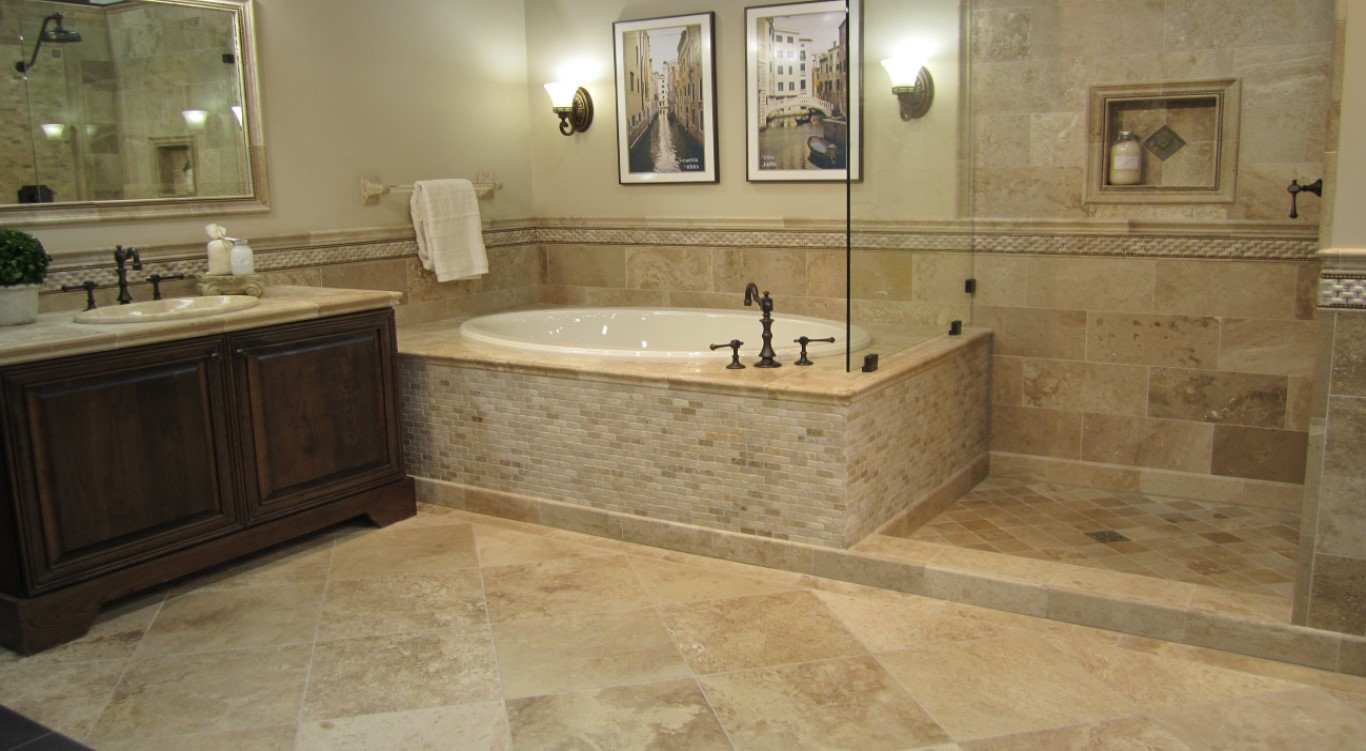 Travertine tiles and slabs bathroom