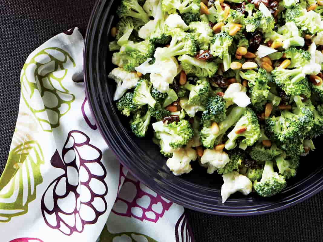 Broccoli salad with raisins and walnuts