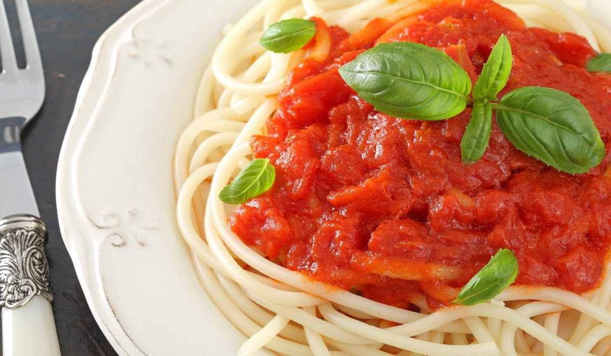 spicy red sauce pasta with vegetables