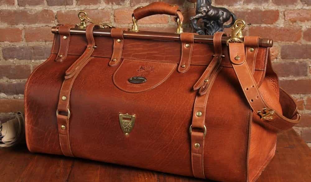 Vintage Antique Oak Grain Leather Bankers Bullion Gladstone Bag