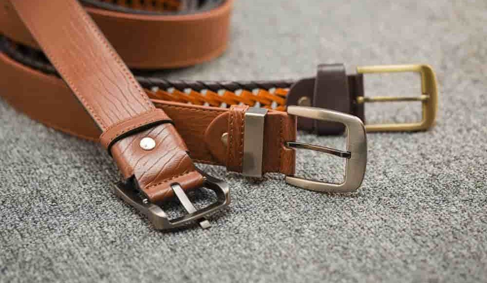 Mens leather belt gold buckle