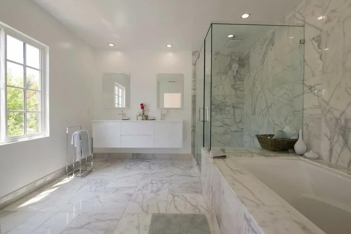 white marble tiles with gray grouts