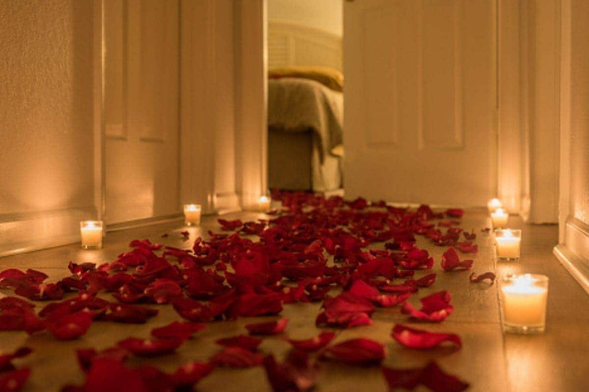 Rose petals and candles in hotel
