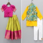 لباس هندی کودکانه؛ پولک دوزی جنس گیپور حریر رنگ شاد