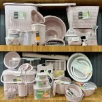 سرویس کامل ظروف پلاستیکی جهیزیه؛ شیک جذاب کاربردی 72 پارچه رنگ (سفید خاکستری) لوازم آشپزخانه حمام